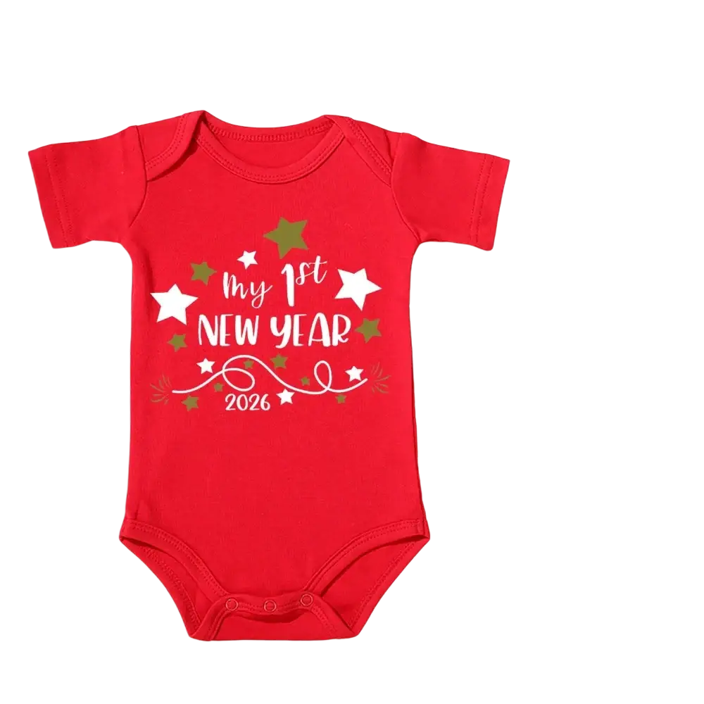 Red cotton baby romper with my 1st new year 2026 printed in white and green stars for first new year celebration