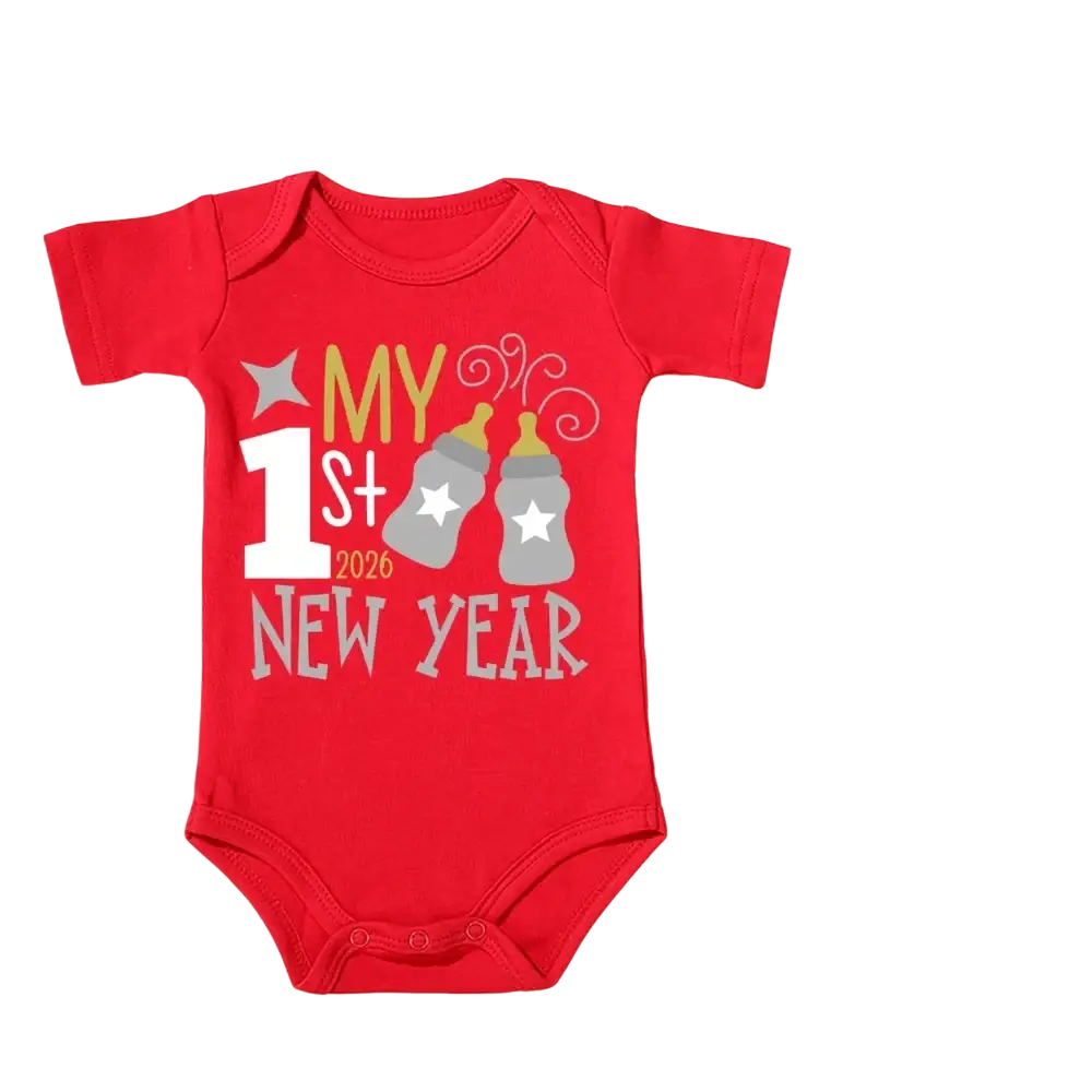 Red cotton baby romper with my 1st new year 2026 print and gray bottles featuring stars design