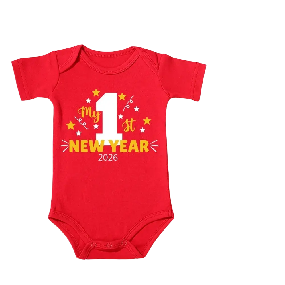 Red cotton baby romper with my 1st new year 2026 print and star designs for 2026 first new year celebration