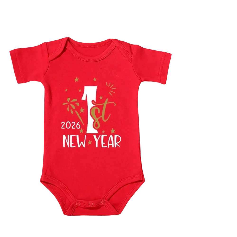 Red cotton baby romper with short sleeves and 1st new year 2026 print in white and gold for 2026 baby first new year