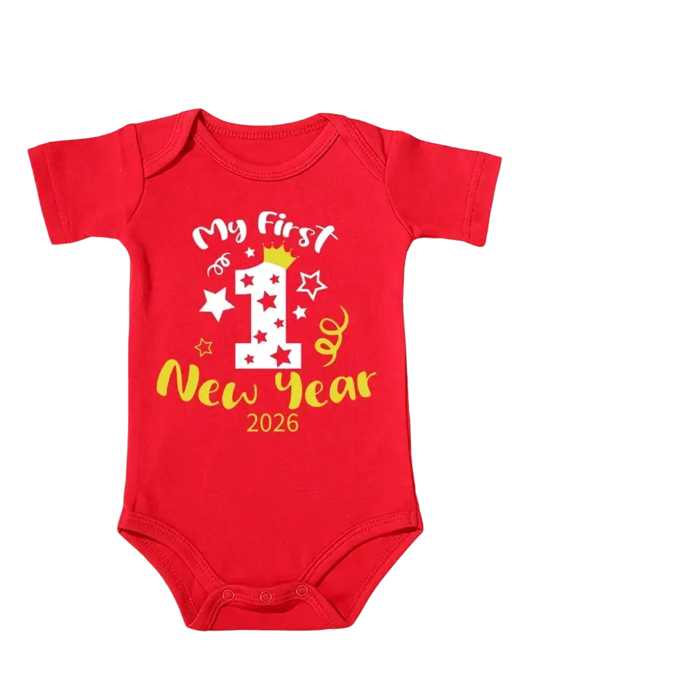 Red cotton baby first new year 2026 short-sleeved romper with a star and crown decorated number one print