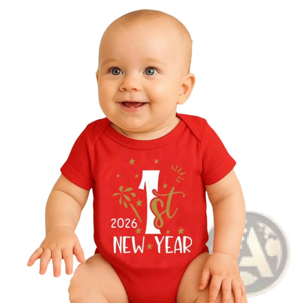 Red short-sleeved cotton baby romper with 1st new year 2026 printed in white and gold foil accents