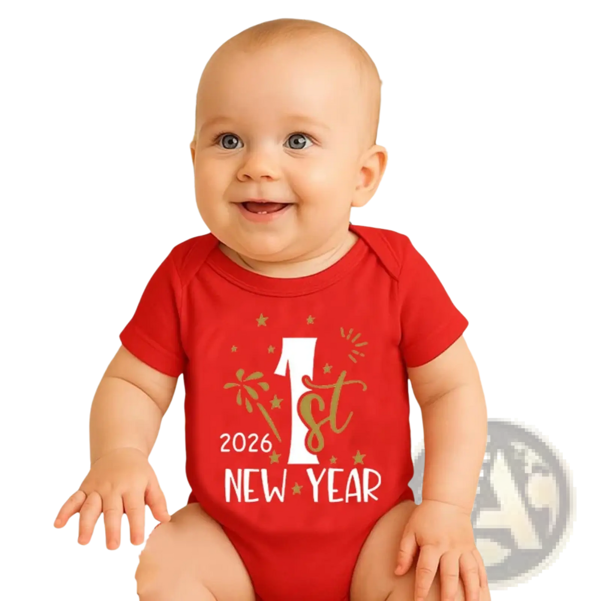Red short-sleeved cotton baby romper with 1st new year 2026 printed in white and gold foil accents