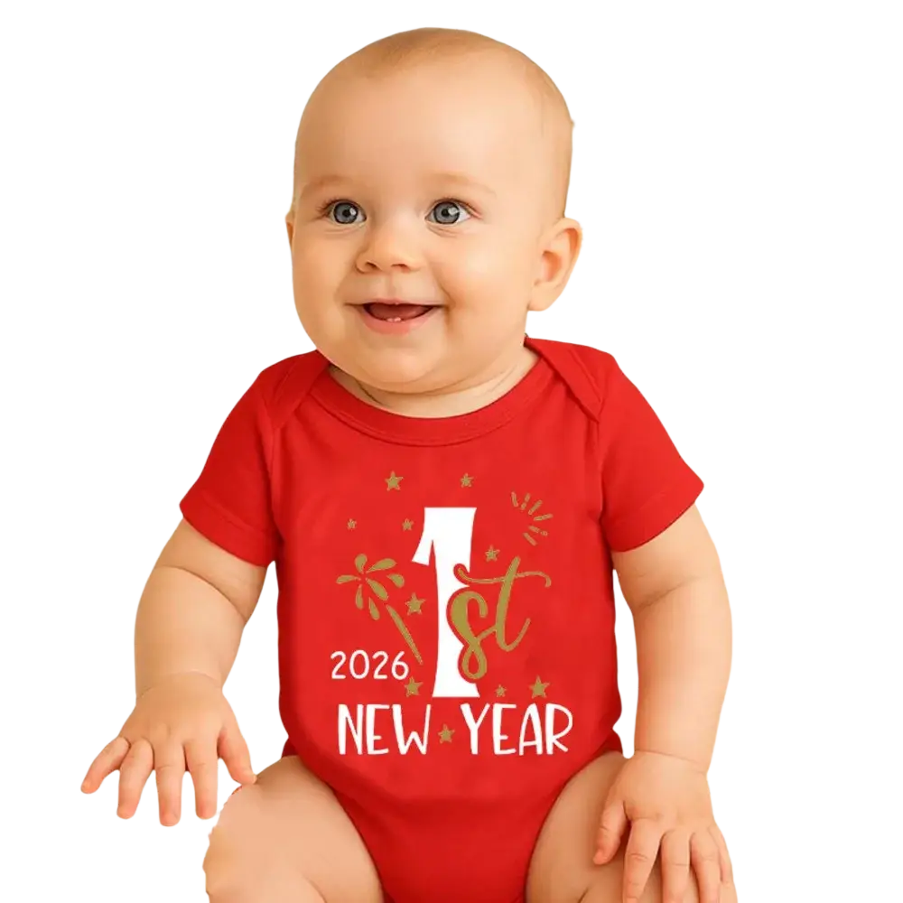 Red short-sleeved cotton baby romper with 1st new year 2026 printed in white and gold foil accents