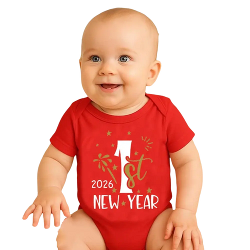 Red short-sleeved cotton baby romper with 1st new year 2026 printed in white and gold foil accents