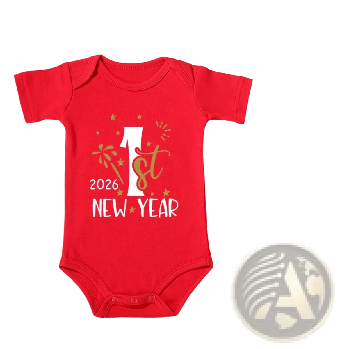 Red cotton baby romper with short sleeves and 1st new year 2026 print in white and gold for 2026 baby first new year