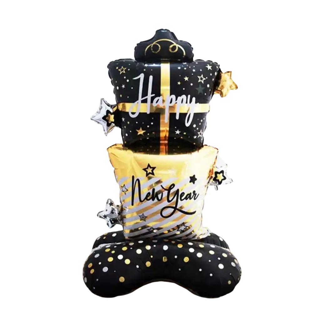 2026 gold new year balloon decoration featuring black and gold foil balloons with happy new year text star patterns and polka dots
