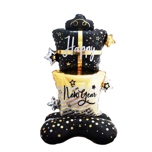 2026 gold new year balloon decoration featuring black and gold foil balloons with happy new year text star patterns and polka dots
