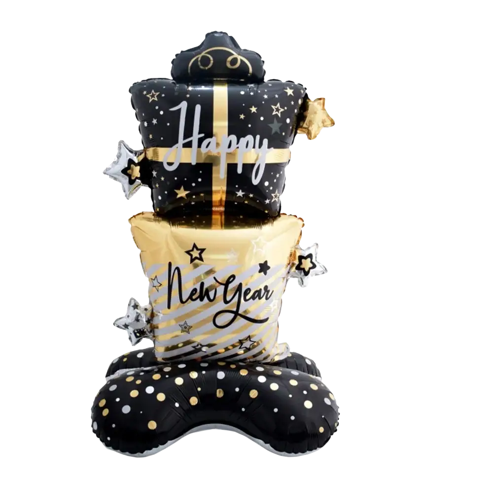 Black and gold foil balloon set shaped like stacked gift boxes with happy new year text stars and polka dots for 2026 celebration