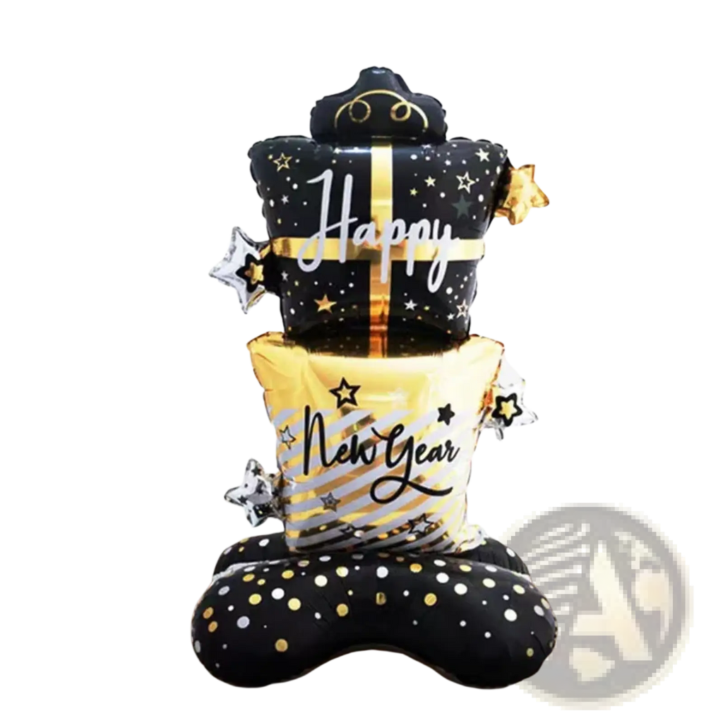 2026 gold new year balloon decoration featuring black and gold foil balloons with happy new year text star patterns and polka dots