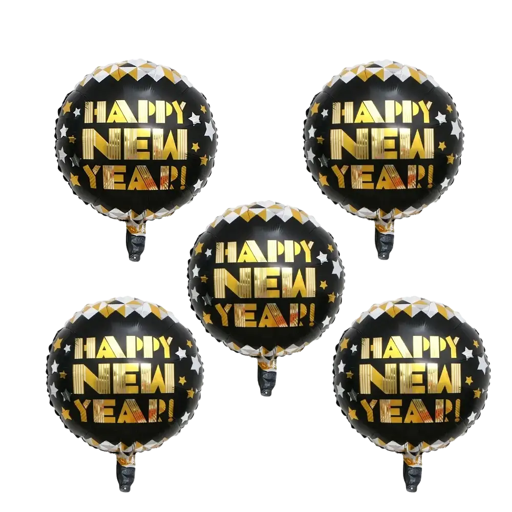 Black and gold foil happy new year 2026 balloon decoration with star patterns for festive celebrations