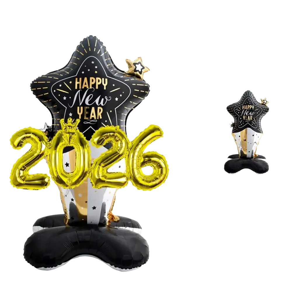 2026 gold new year balloon decoration featuring black and gold star-shaped balloons with happy new year text and glitter accents