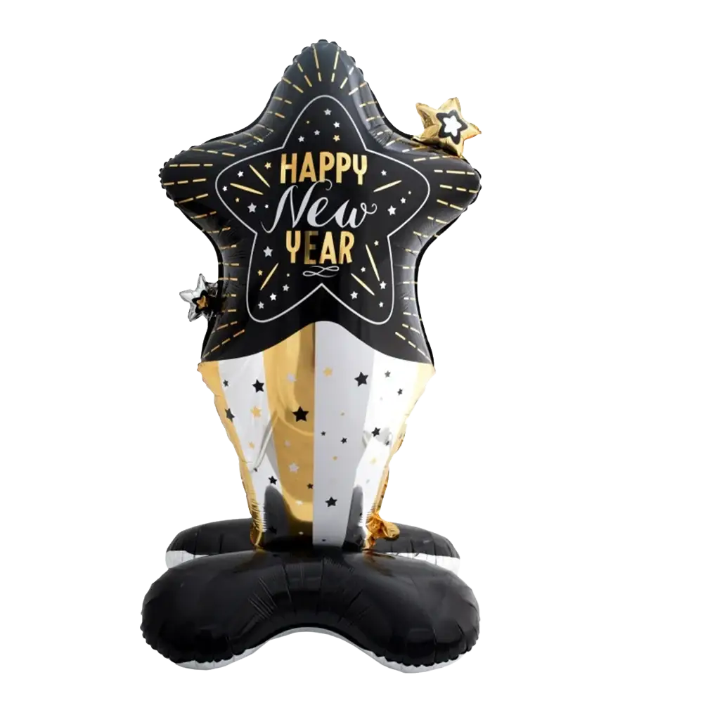 Black and gold star-shaped balloon with happy new year printed in gold foil featuring a festive design for 2026 celebration