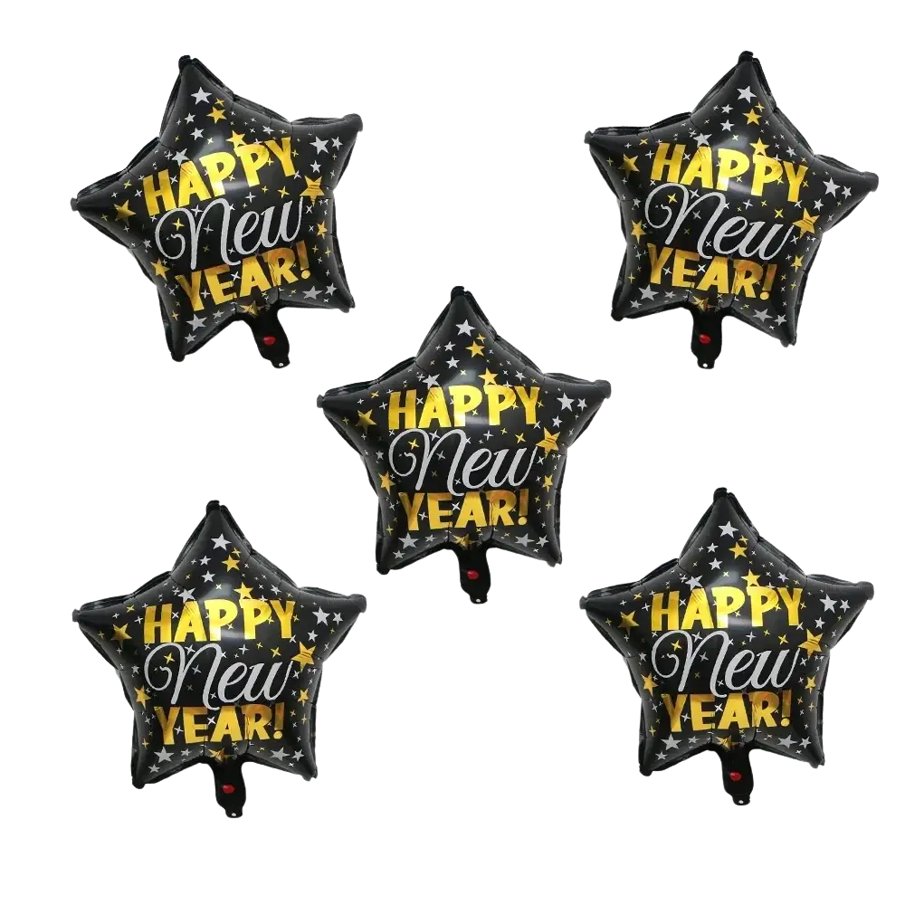 Black star-shaped foil balloons with happy new year in gold and silver lettering for 2026 gold new year decoration