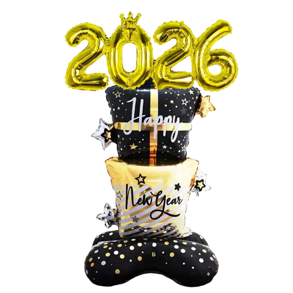 Gold foil 2026 balloon centerpiece with stacked gift box and polka dot balloons for new year decoration