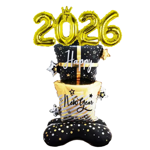 Gold foil 2026 balloon centerpiece with stacked gift box and polka dot balloons for new year decoration