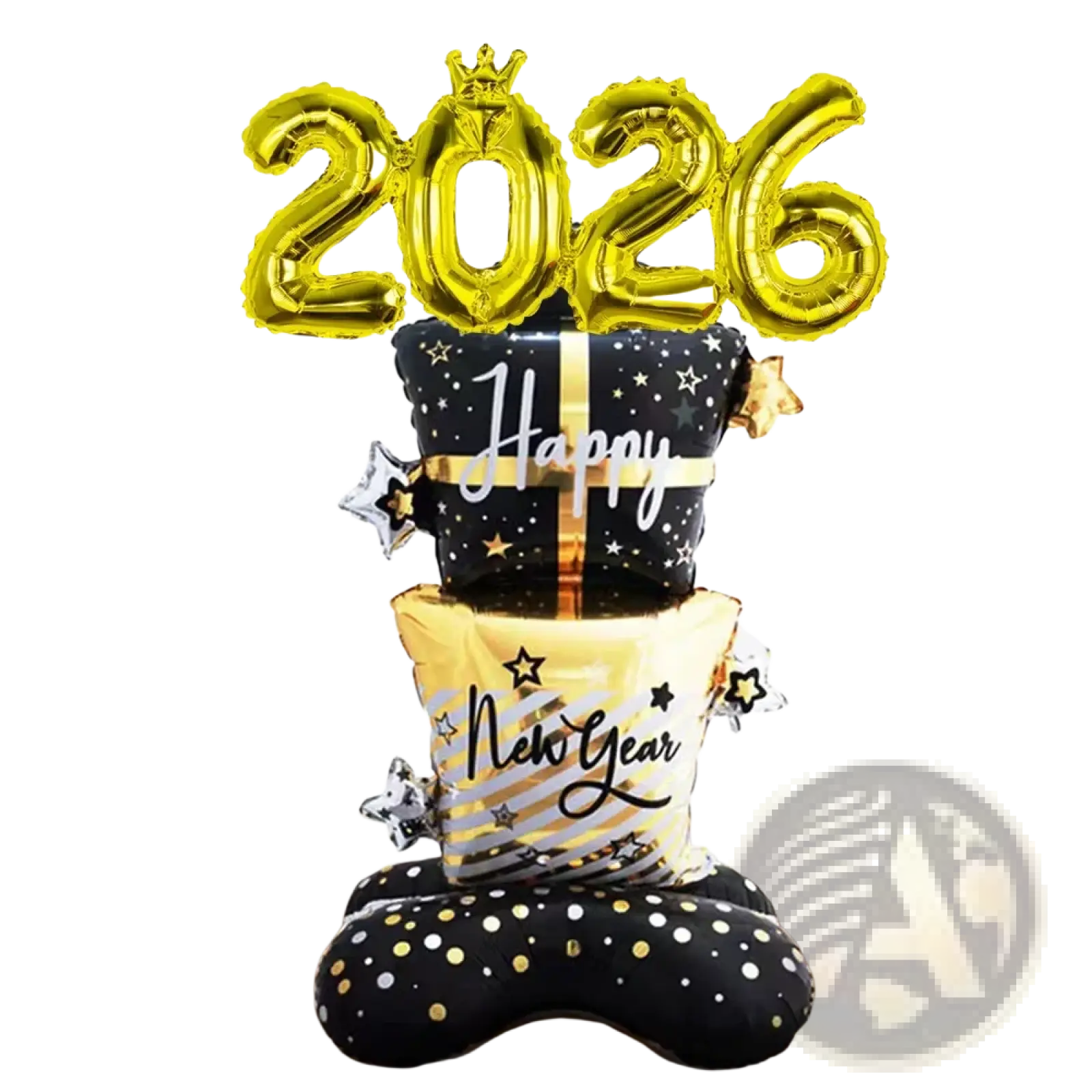 Gold foil 2026 balloon centerpiece with stacked gift box and polka dot balloons for new year decoration