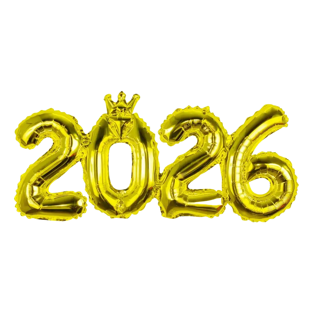 Gold 2026 new year balloon decoration with crown detail on zero made of foil for festive celebrations