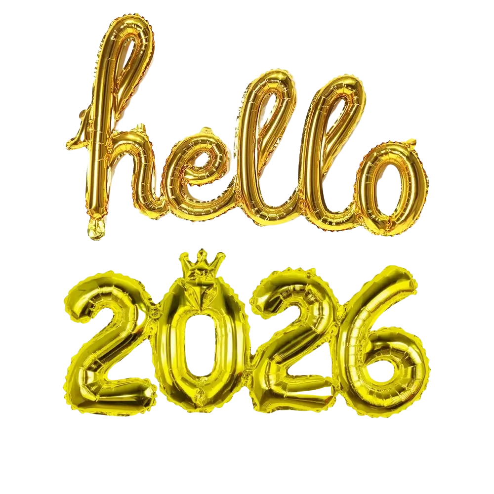 Gold metallic foil balloon set spelling hello and 2026 with a crown zero for new year decoration