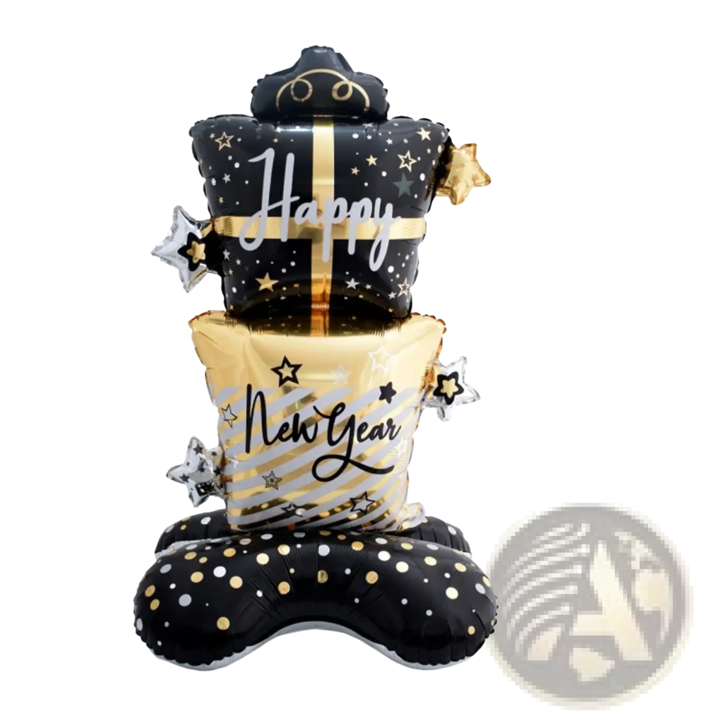 Black and gold foil balloon set shaped like stacked gift boxes with happy new year text stars and polka dots for 2026 celebration