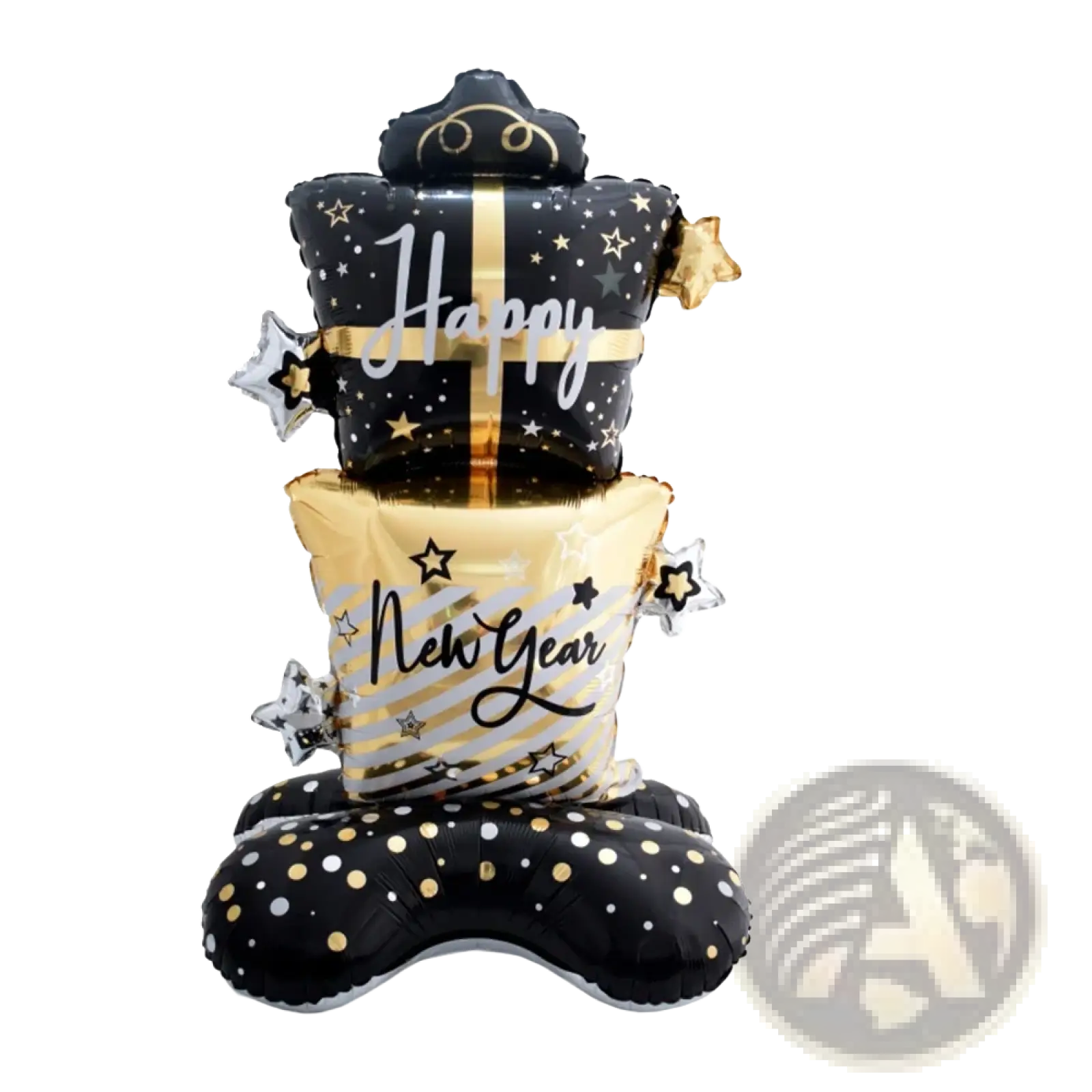 Black and gold foil balloon set shaped like stacked gift boxes with happy new year text stars and polka dots for 2026 celebration