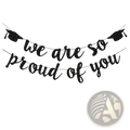 2026 graduation banner black glitter with we are so proud of you text and mortarboard icons for celebration
