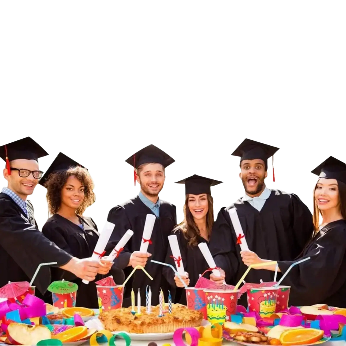 2026 graduation banner black glittery with we are so proud of you phrase and decorative mortarboard cutouts