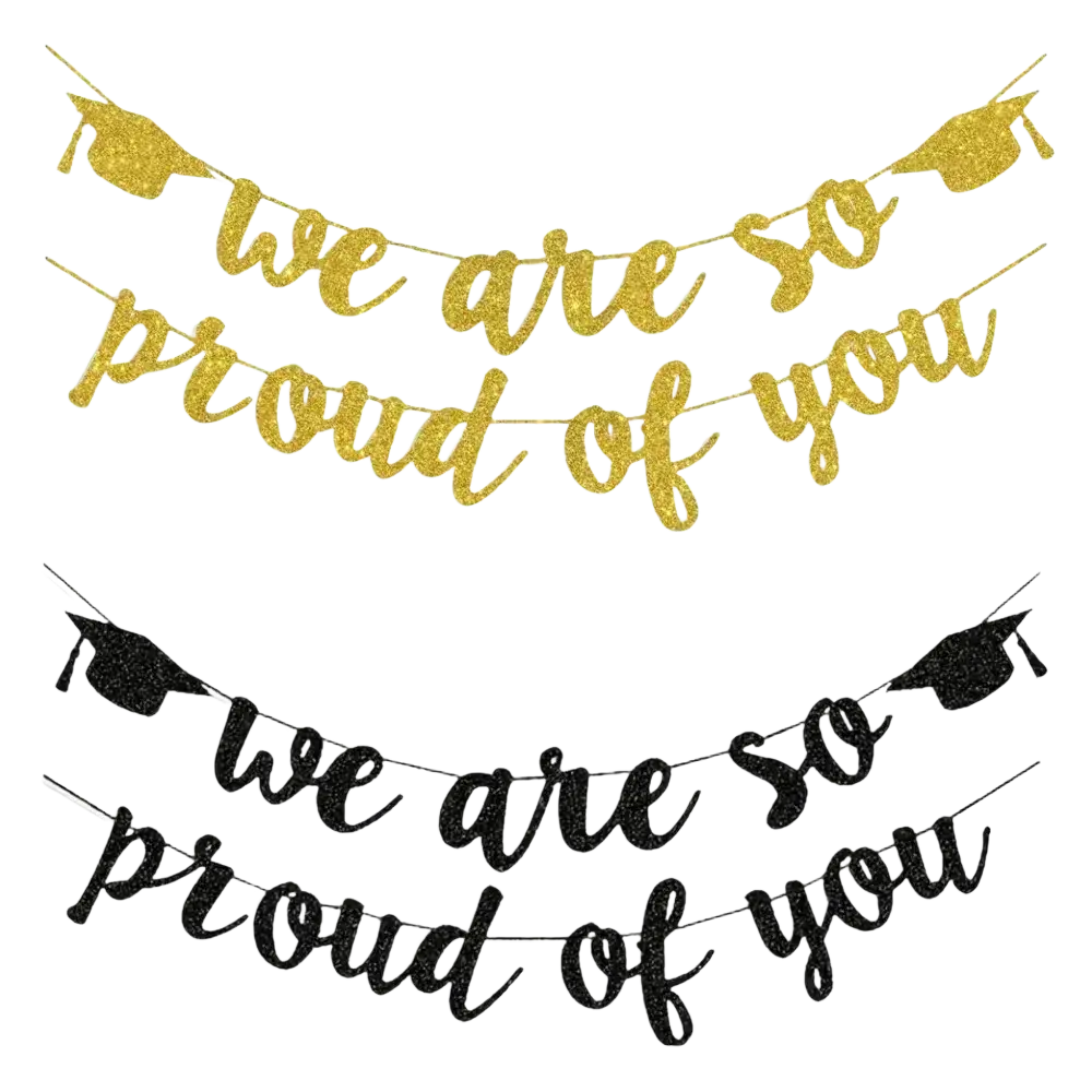 Gold and black glitter 2026 graduation banner featuring we are so proud of you message with cap cutouts