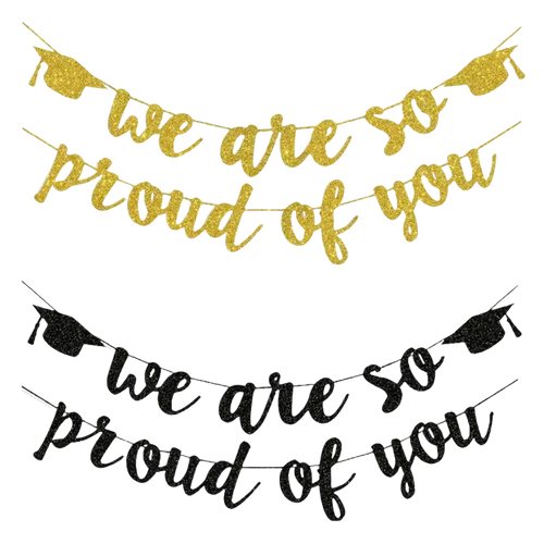 Gold and black glitter 2026 graduation banner featuring we are so proud of you message with cap cutouts