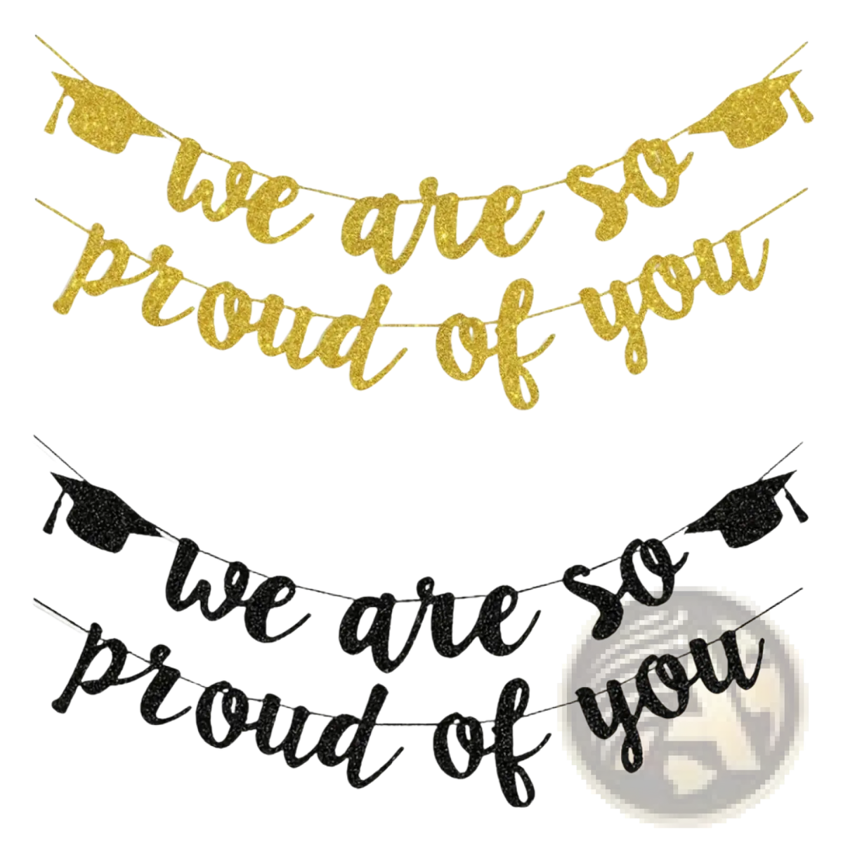 2026 graduation banner with gold and black glitter cap design and we are so proud of you text for celebrations