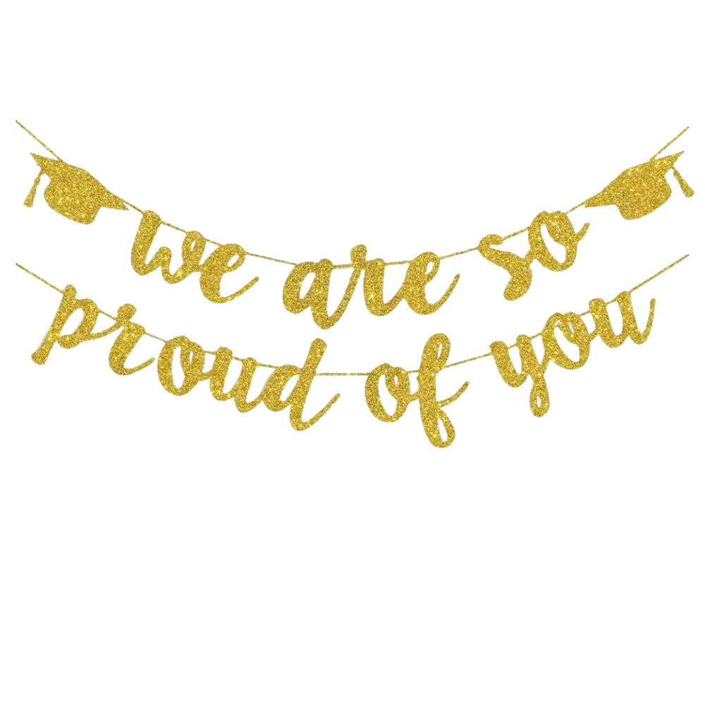 2026 graduation banner featuring a golden glitter proud of you text with mortarboard icons for celebration