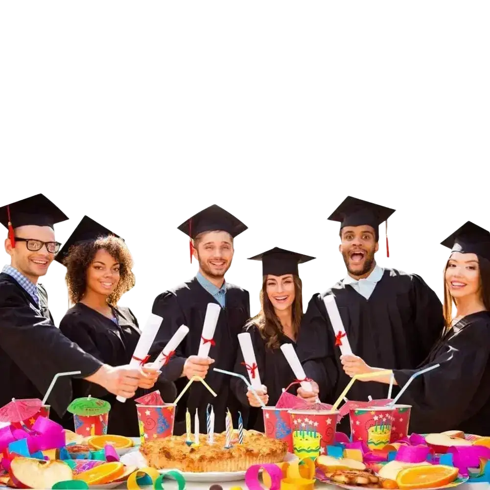 Graduation banner featuring graduates in black caps and gowns holding diplomas at a colorful party table