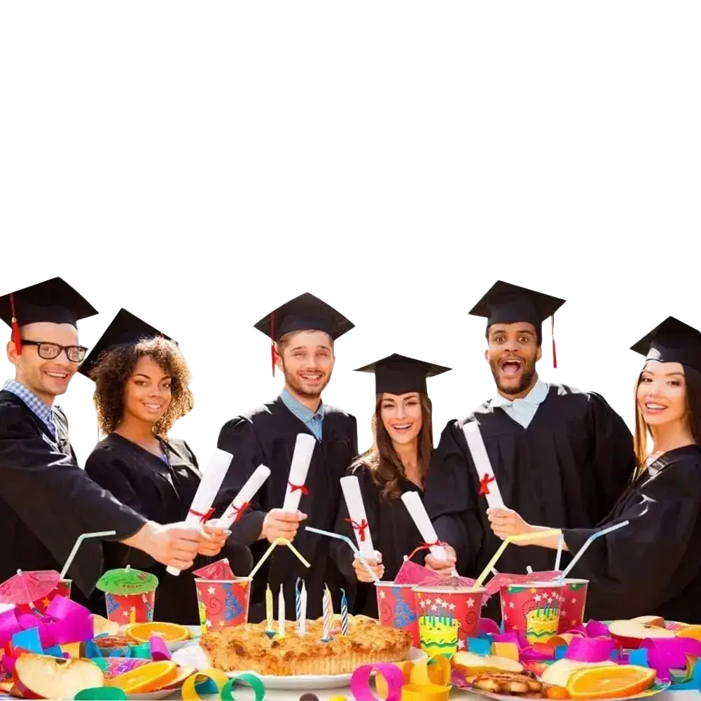 Graduates celebrate with diplomas at a colorful party table on a 2026 graduation banner featuring pride