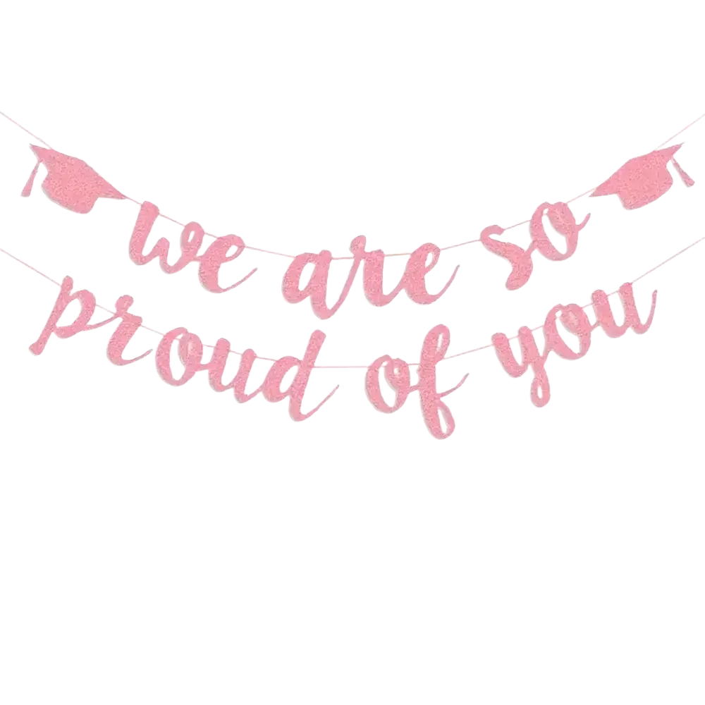 Pink glittery 2026 graduation banner featuring we are so proud of you in cursive script for celebration decor