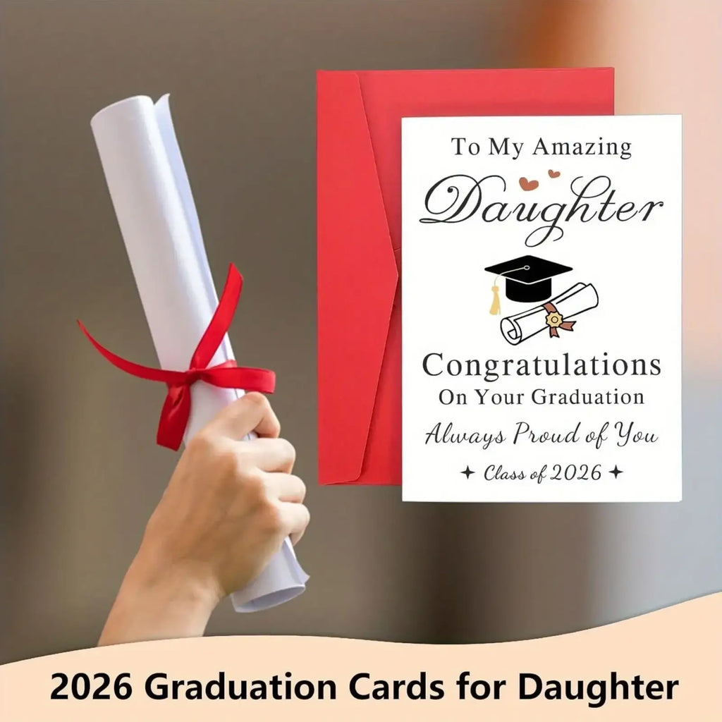 A white 2026 graduation card for daughter with black cursive text and a cap and diploma illustration in a red envelope