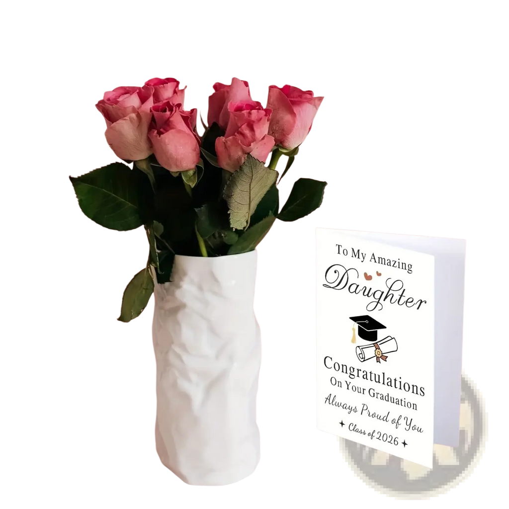 2026 graduation card for daughter featuring a white textured ceramic vase holding pink roses as decoration