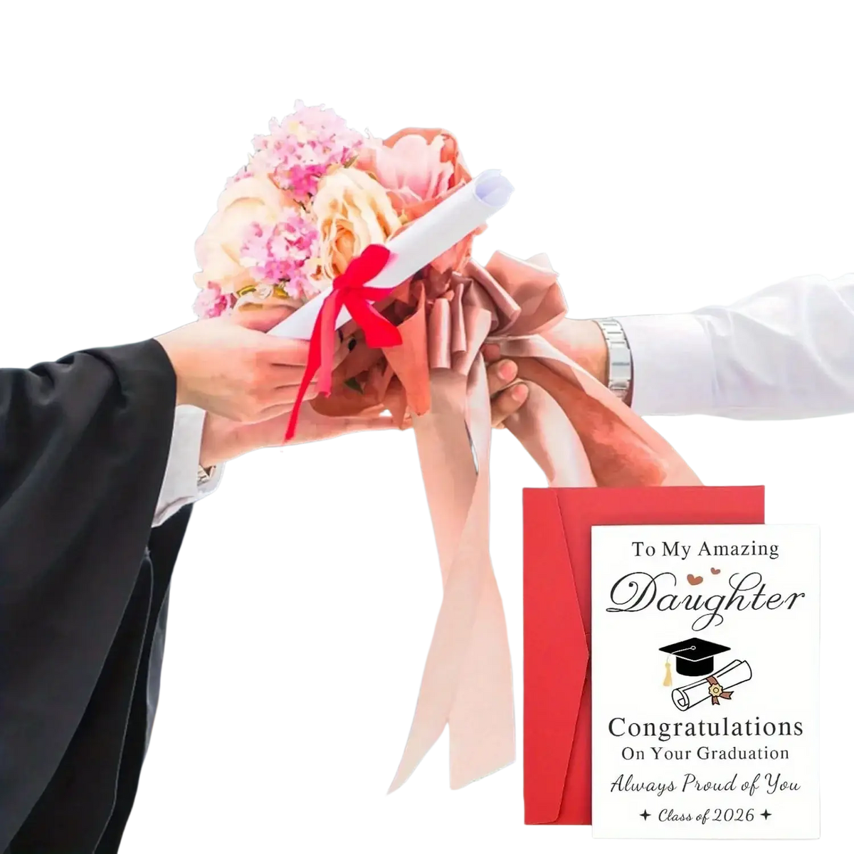 Red envelope graduation card for daughter with white insert featuring black cursive text and graduation cap illustration