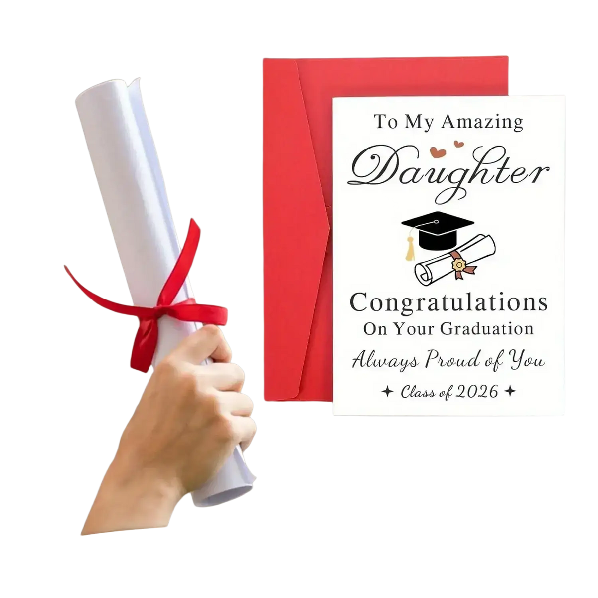 2026 graduation card for daughter with black cursive text and illustration next to a red envelope