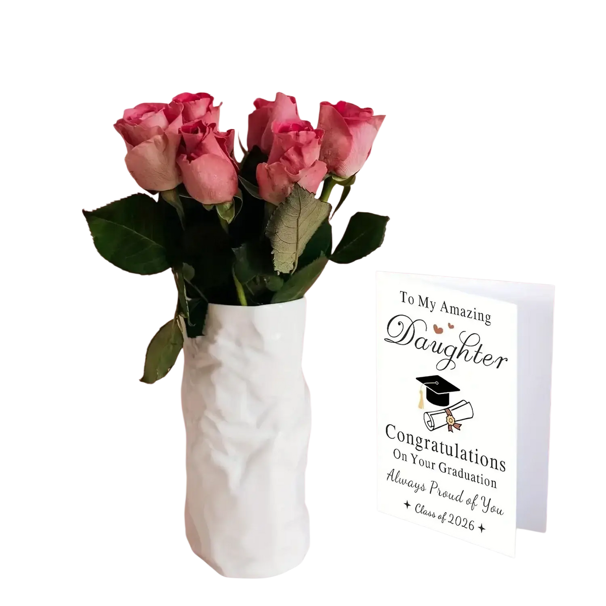 2026 graduation card for daughter with black cursive text featuring a white textured ceramic vase holding pink roses