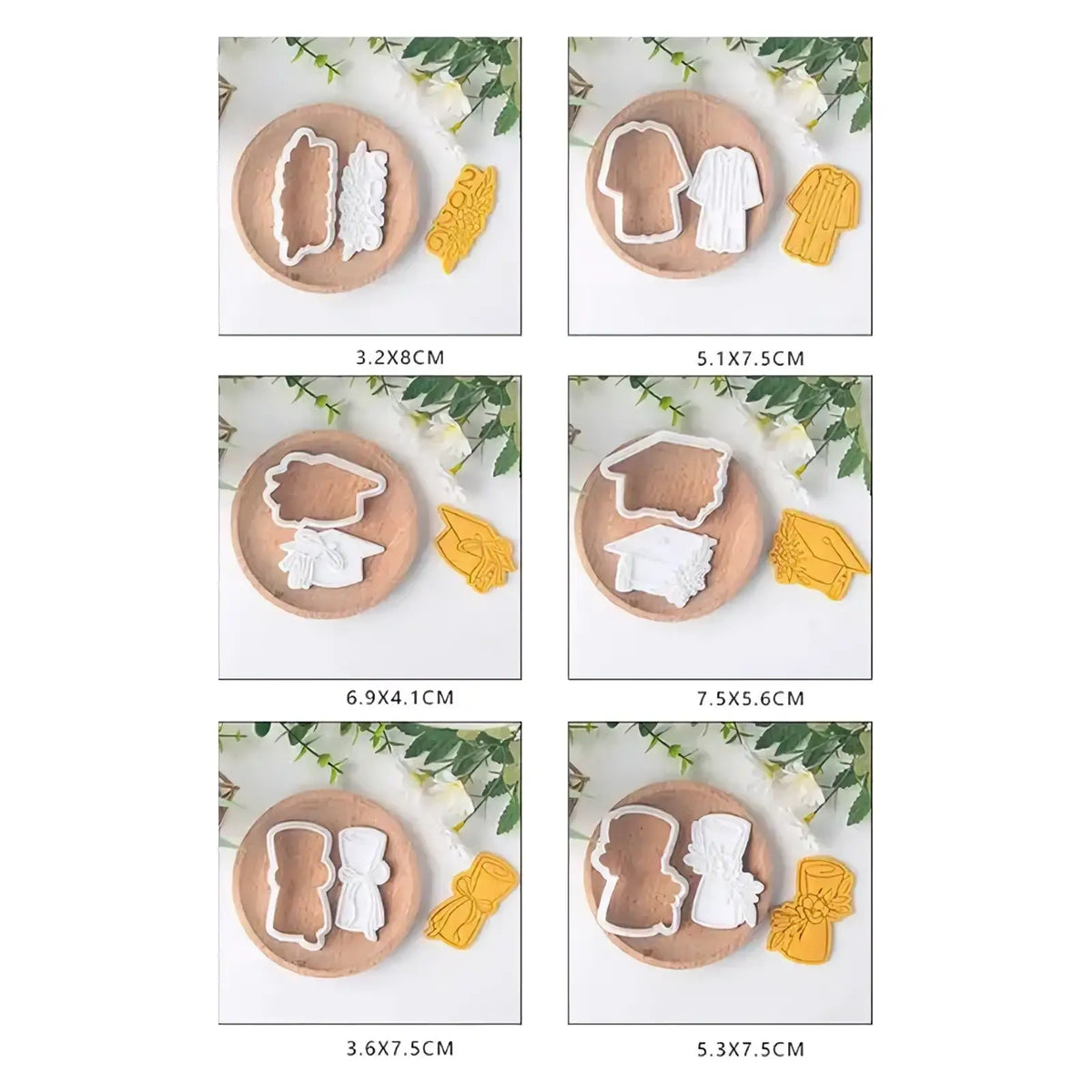 White plastic 2026 graduation cookie cutter set featuring caps gowns and diplomas for themed baking designs
