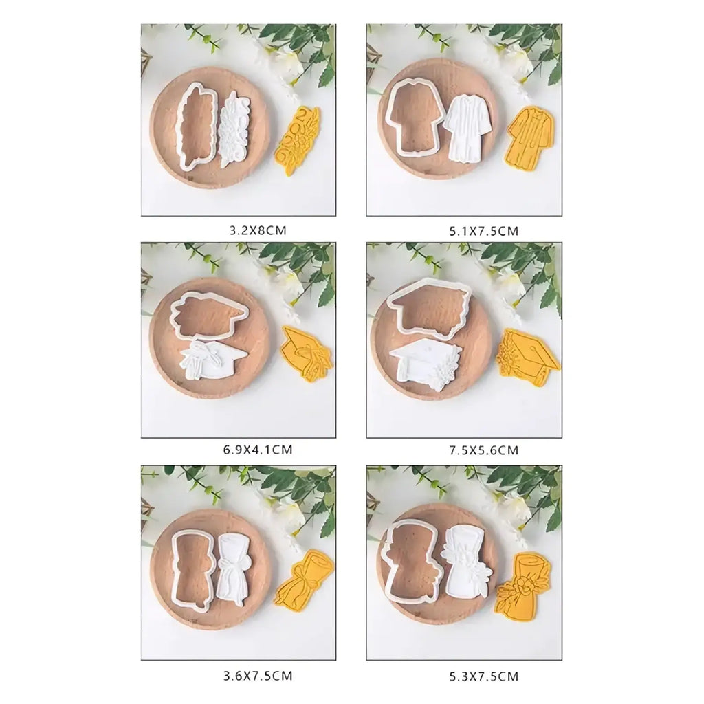 White plastic 2026 graduation cookie cutter set featuring caps gowns and diplomas for themed baking designs
