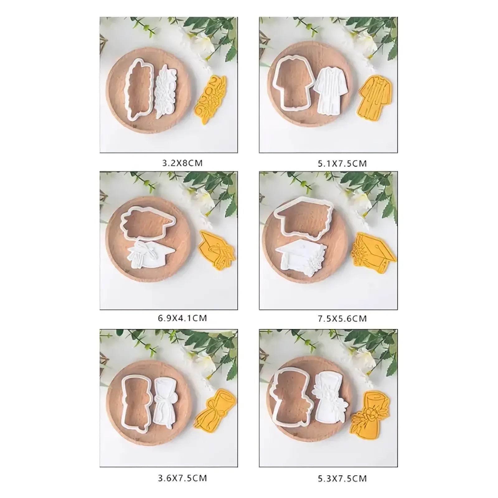 White plastic 2026 graduation cookie cutter set featuring caps gowns and diplomas for themed baking designs