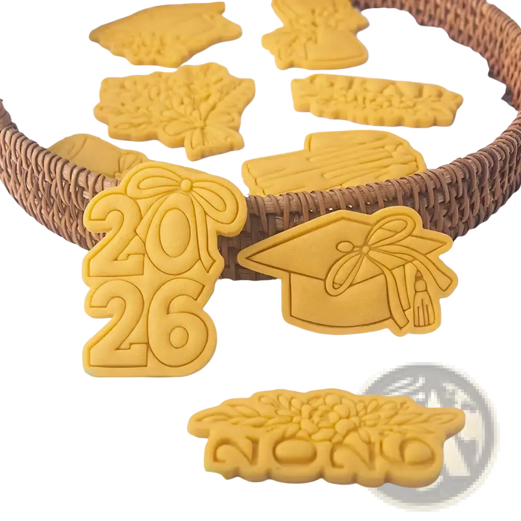 Yellow plastic 2026 graduation cookie cutter set featuring caps tassels and year designs for themed baking