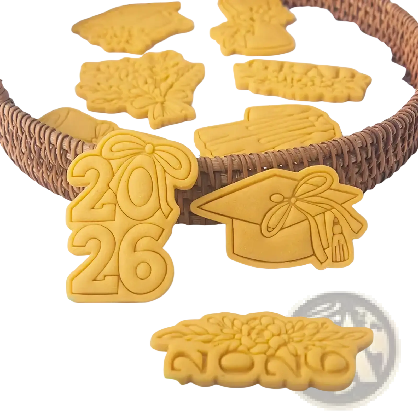 Yellow plastic 2026 graduation cookie cutter set featuring caps tassels and year designs for themed baking