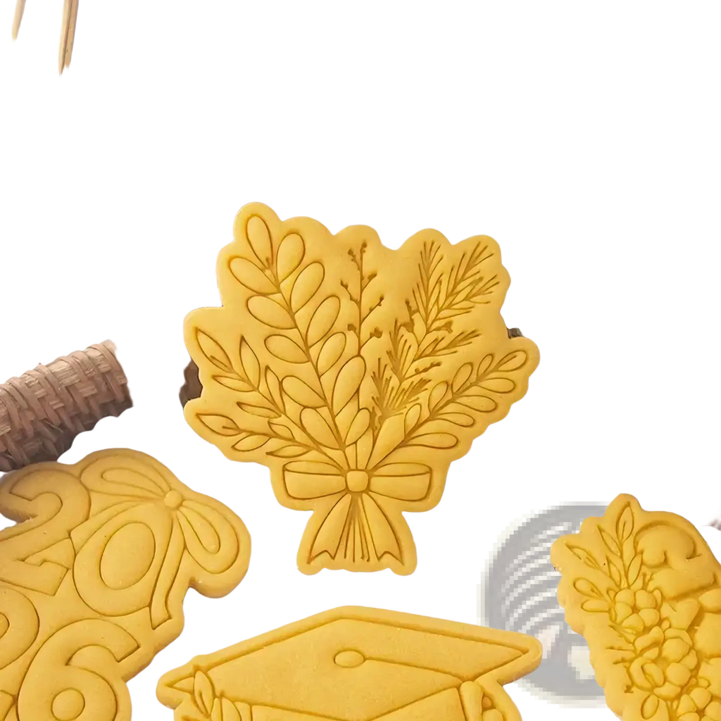 Yellow plastic graduation cookie cutter with intricate leaf and bow design from 2026 graduation cookie cutter set