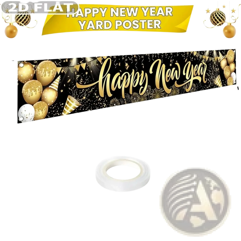 A festive black and gold polyester 120 inch happy new year yard poster with glittering balloons confetti and fireworks