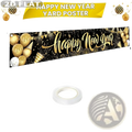 A festive black and gold polyester 120 inch happy new year yard poster with glittering balloons confetti and fireworks