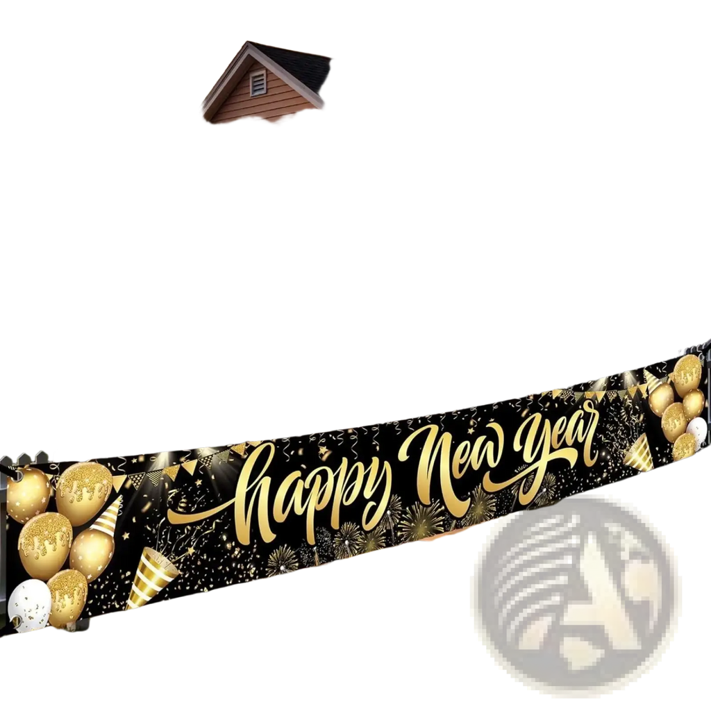 Black and gold polyester happy new year 2026 party banner backdrop with festive balloons confetti and fireworks design
