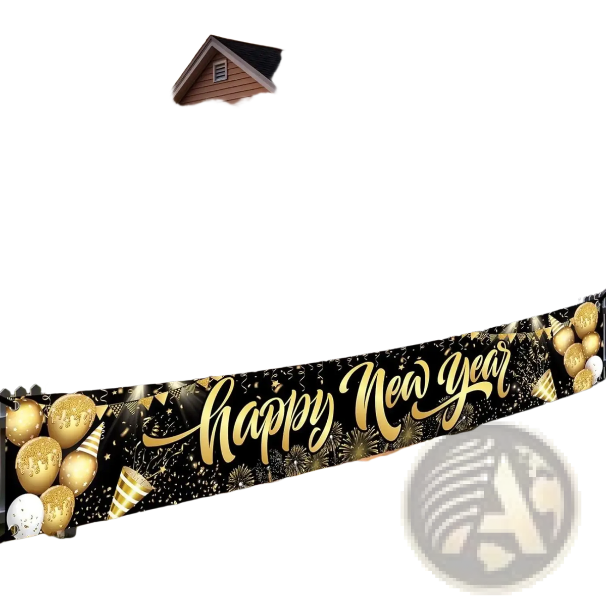Black and gold polyester happy new year 2026 party banner backdrop with festive balloons confetti and fireworks design
