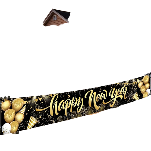 Black and gold polyester happy new year 2026 party banner backdrop with festive balloons confetti and fireworks design